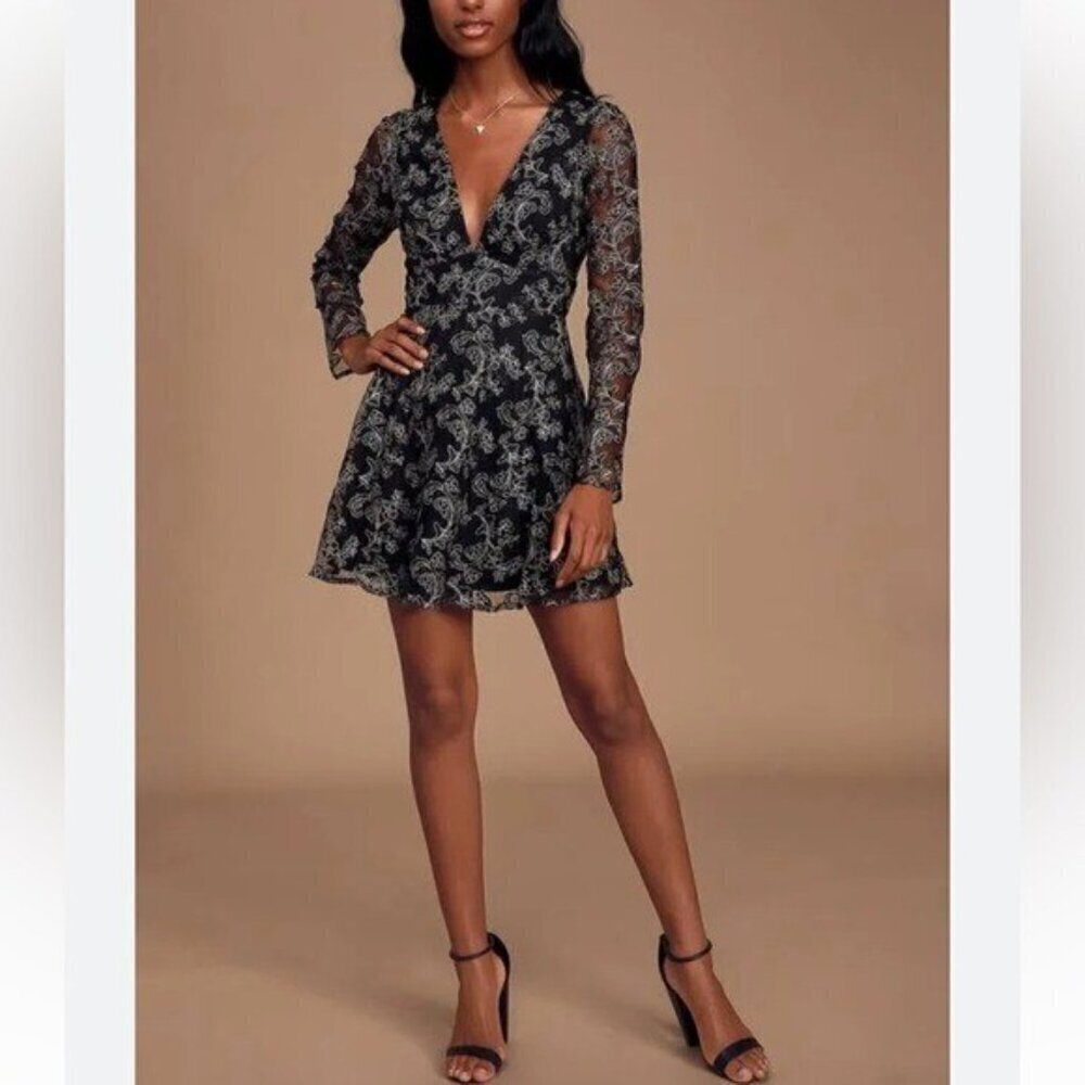 Lulus Enraptured Black Embroidere ddress women L Skater event luxury PROM PARTY